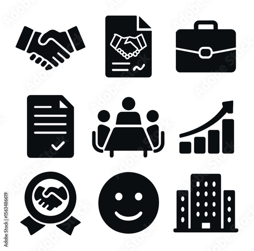 Professional Partnership Icons. Solid, filled icons set of professional handshake moments: two hands shaking,