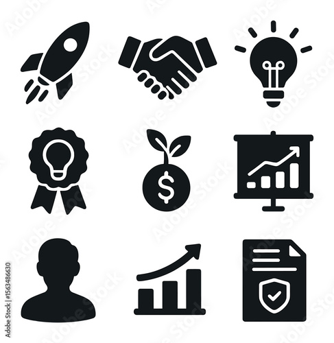 Startup Partnership Icons. Solid, filled icons set of startup partnerships: rocket launch, handshake icon,