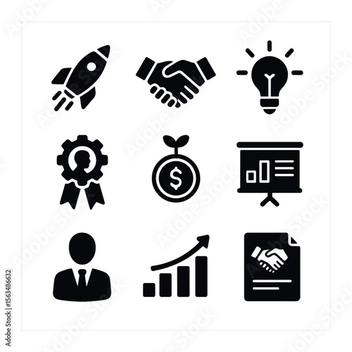 Startup Partnership Icons. Solid, filled icons set of startup partnerships: rocket launch, handshake icon,