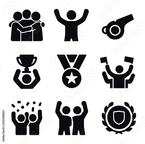 Team Victory Icons. Solid, filled icons set of team sports success: group hug, victory pose, final whistle,