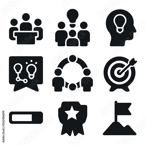 Innovation Culture Icons. Solid, filled icons set of innovation culture building: team workshop, lightbulb