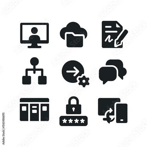 Digital Workplace Icons. Solid, filled icons set of digital workplace solutions: video conference screen,