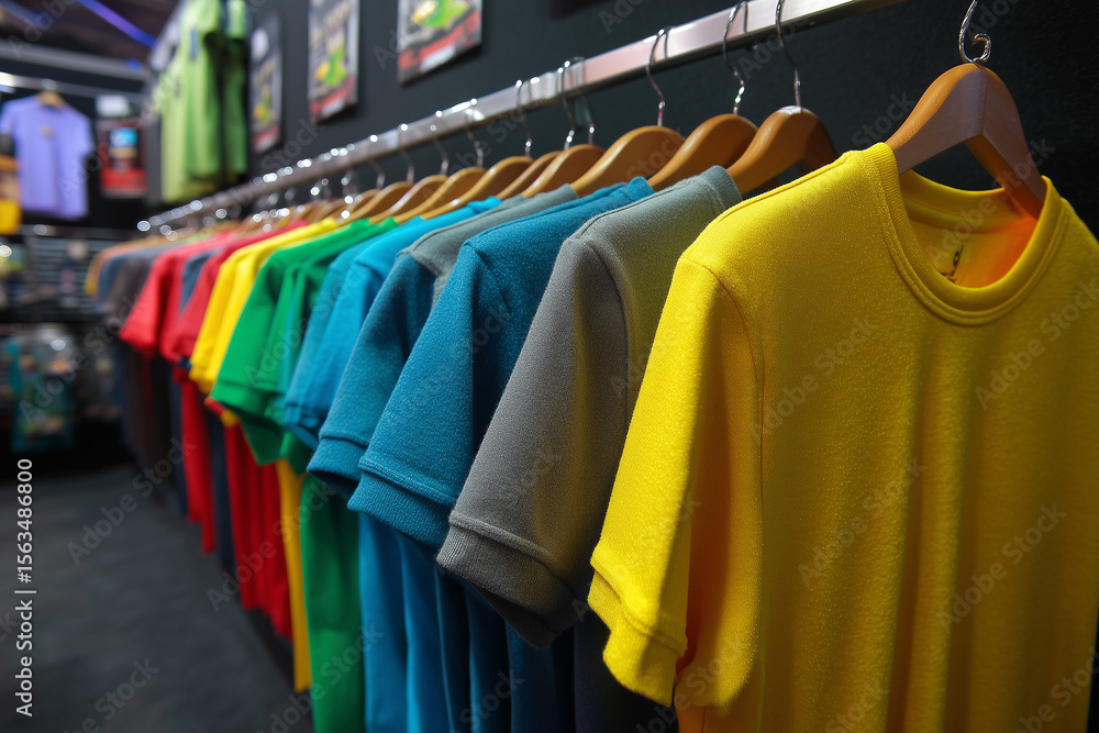 Fototapeta premium Colorful t-shirts hanging on rack in retail store