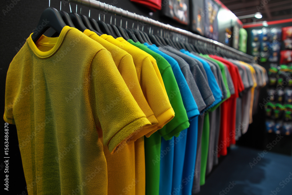Obraz premium Colorful t-shirts hanging on rack in retail store