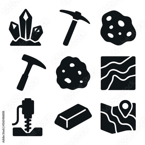 Mineral Resources Icons. Solid, filled icons set of rare mineral resources: crystal cluster, mining pickaxe,