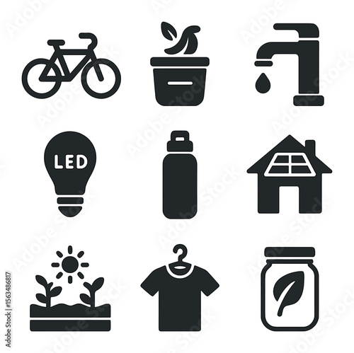 Sustainable Living Icons. Solid, filled icons set of sustainable living habits: bicycle icon, compost bin, low