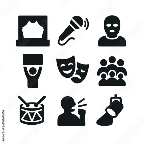 Performative Protest Icons. Solid, filled icons set of performance and protest: stage silhouette, microphone