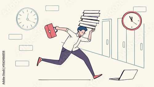 Stressed Businessman Multitasking with Paperwork and Laptop—Time Management, Urgency, Productivity, Focus, Efficiency, and Workspace Tasking