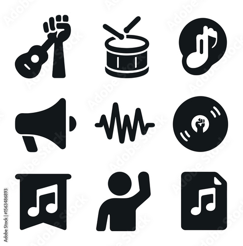Protest Music Icons. Solid, filled icons set of protest music and sound: guitar with fist, drumbeat icon,