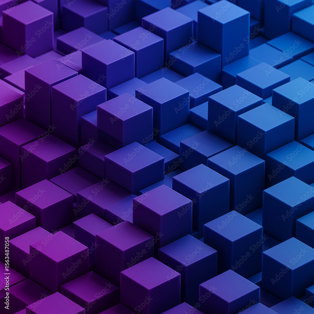 Obraz premium Abstract arrangement of layered cubes in varying shades of purple and blue. Geometric shapes in a three-dimensional design.