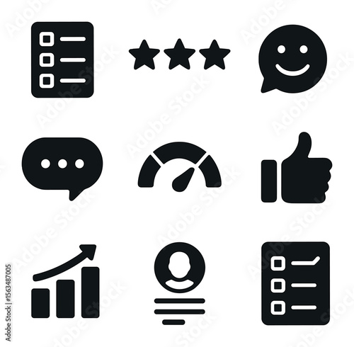Customer Feedback Icons. Solid, filled icons set of customer feedback and surveys: survey form, rating stars,