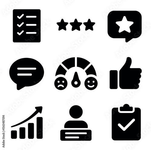 Customer Feedback Icons. Solid, filled icons set of customer feedback and surveys: survey form, rating stars,