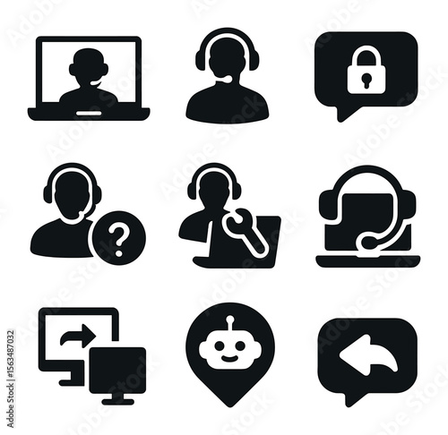 Virtual Support Icons. Solid, filled icons set of virtual customer support: video call screen, virtual agent