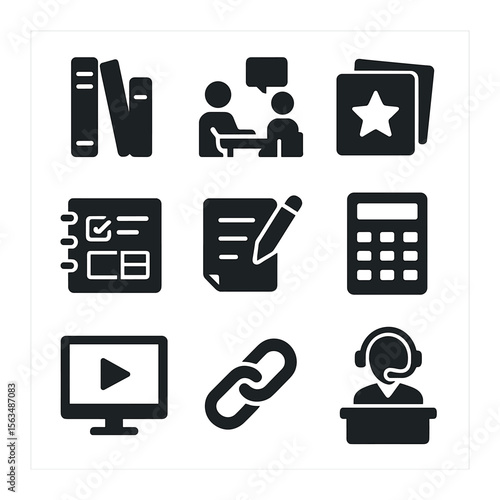 Study Resource Icons. Solid, filled icons set of study support resources: library books, tutoring session,