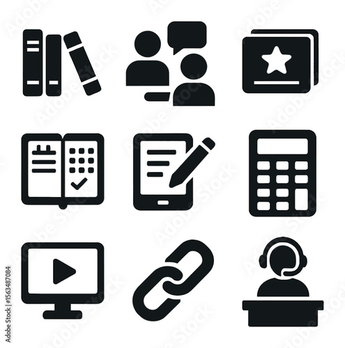 Study Resource Icons. Solid, filled icons set of study support resources: library books, tutoring session,