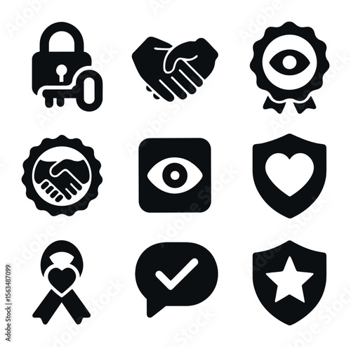 Trust Building Icons. Solid, filled icons set of trust building in relationships: lock and key, promise icon,