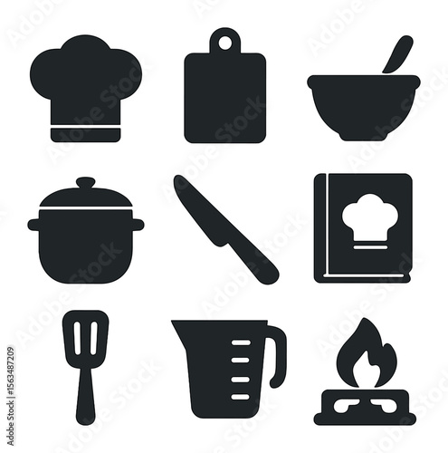 Culinary Icons Grid. Solid, filled icons set of cooking classes and culinary experiences: chef hat, cutting