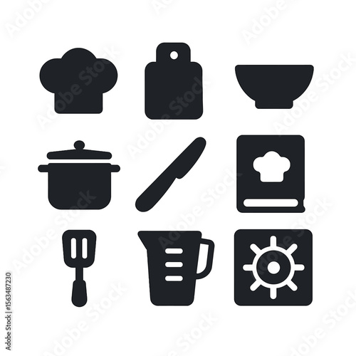 Culinary Icons Grid. Solid, filled icons set of cooking classes and culinary experiences: chef hat, cutting
