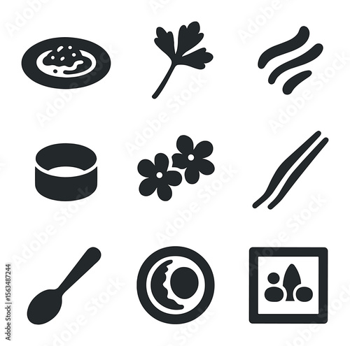 Culinary Presentation Icons. Solid, filled icons set of food presentation and plating: artistic plate, garnish