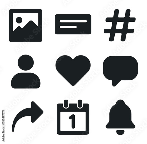 Social Media Icons Grid. Solid, filled icons set of social media post layout templates: image frame, text box,