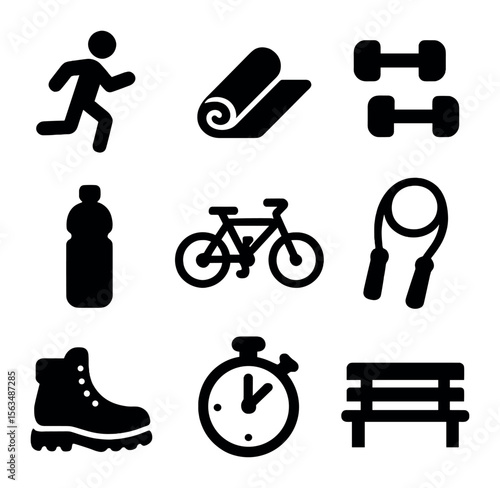 Outdoor Fitness Icons. Solid, filled icons set of outdoor fitness activities: jogging figure, yoga mat,