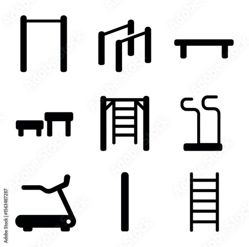Park Equipment Icons. Solid, filled icons set of park exercise equipment: pull-up bar, parallel bars, balance