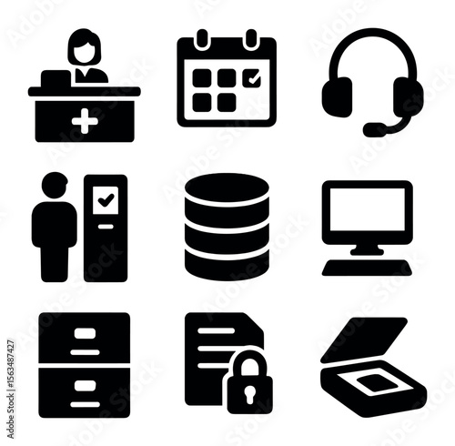 Medical Icons Grid. Solid, filled icons set of medical office administration: receptionist desk, appointment