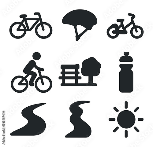 Family Biking Icons. Solid, filled icons set of family biking in park: bicycle, helmet, child bike, parent