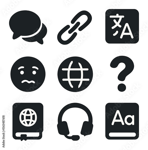 Language Barriers Icons. Solid, filled icons set of language barriers communication: speech bubble, broken
