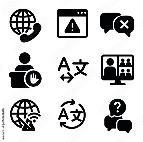 Global Communication Icons. Solid, filled icons set of global communication challenges: international phone,