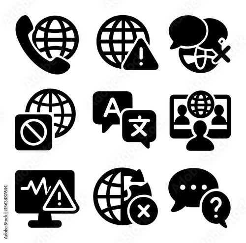 Global Communication Icons. Solid, filled icons set of global communication challenges: international phone,