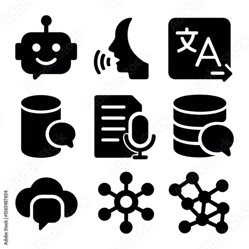 Language Tech Icons. Solid, filled icons set of technology aiding language: AI chatbot, speech recognition,