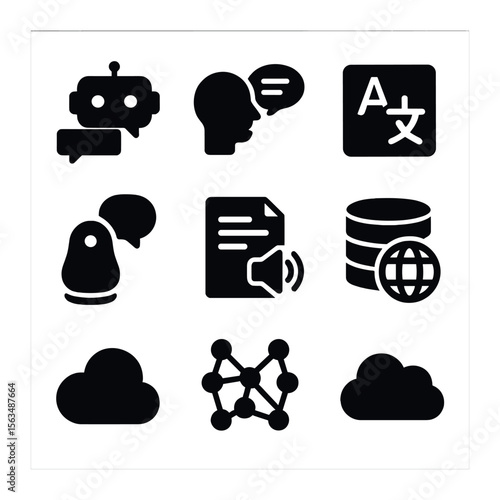 Language Tech Icons. Solid, filled icons set of technology aiding language: AI chatbot, speech recognition,