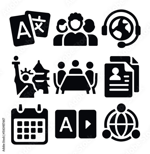 Multilingual Workplace Icons. Solid, filled icons set of multilingual workplace: language badges, diverse team