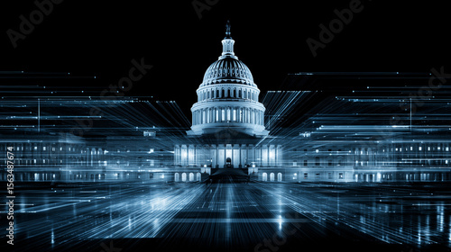 financial data, government building. A futuristic view of the Capitol building with blue data streams, symbolizing technology and governance at night. 

