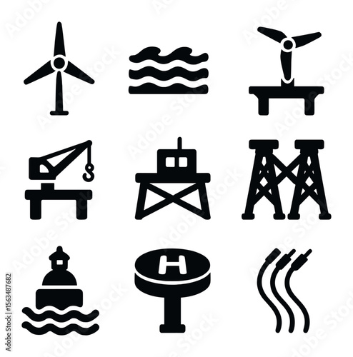 Offshore Wind Icons. Solid, filled icons set of offshore wind platforms: wind turbine, ocean waves, platform