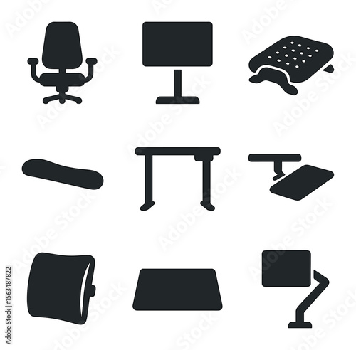 Ergonomic Office Icons. Solid, filled icons set of ergonomic office setup: adjustable chair, monitor stand,