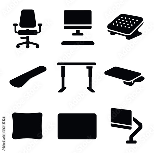 Ergonomic Office Icons. Solid, filled icons set of ergonomic office setup: adjustable chair, monitor stand,