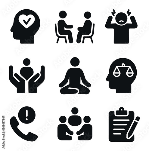 Mental Health Icons. Solid, filled icons set of handling psychological impacts of societal crisis: mental