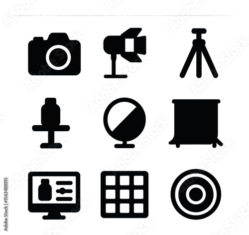 Retail Photography Icon Set. Solid, filled icons set of commercial product photography for retail: camera,