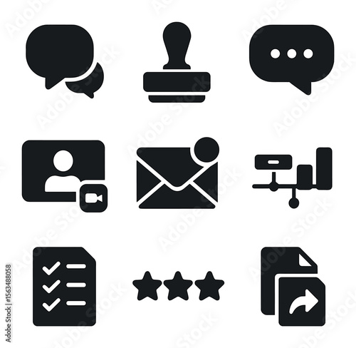 Client Collaboration Icons. Solid, filled icons set of client collaboration and feedback: chat bubble,