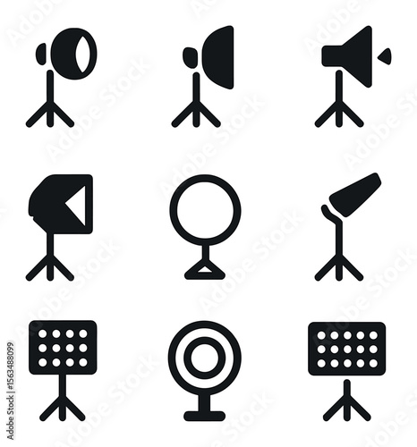Lighting Setup Icons. Solid, filled icons set of lighting setups: key light, fill light, backlight, softbox,