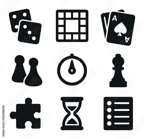 Board Game Icons. Solid, filled icons set of board games: dice, game board, playing cards, game tokens,