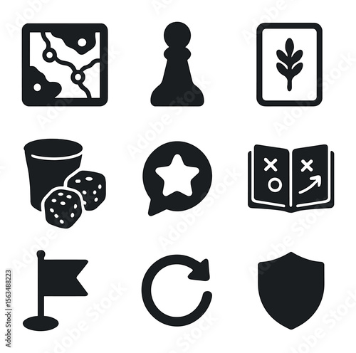Strategy Game Icons. Solid, filled icons set of strategy board games: game map, army figure, resource card,