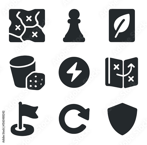 Strategy Game Icons. Solid, filled icons set of strategy board games: game map, army figure, resource card,