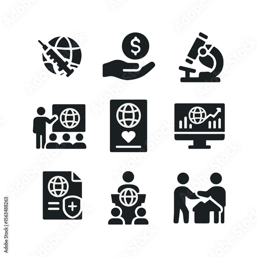 Global Health Icons. Solid, filled icons set of global health initiatives: vaccination campaign, funding grant