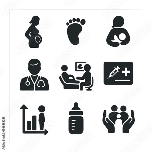 Maternal Health Icons. Solid, filled icons set of maternal and child health: pregnant woman, baby footprint,