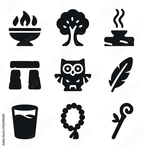 Nature Ritual Icons. Solid, filled icons set of nature-themed rituals: offering bowl, sacred tree, incense