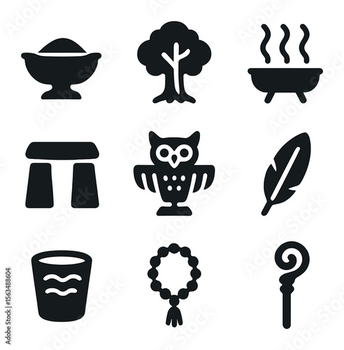 Nature Ritual Icons. Solid, filled icons set of nature-themed rituals: offering bowl, sacred tree, incense