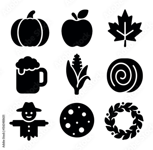 Autumn Festival Icons. Solid, filled icons set of autumnal festivals: pumpkin, apple, maple leaf, cider mug,